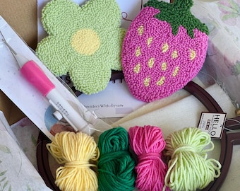 DIY Punch Needle Kit, Flower & Strawberry Mug Rug Coaster, Beginner Embroidery Kit