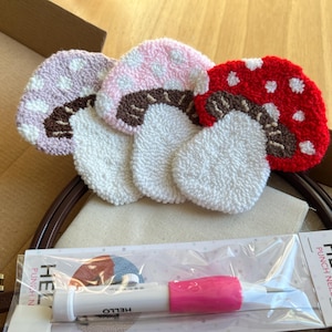 Diy Punch Needle Kit, Mushroom Mug Rug Coaster, Beginner Level Punch Needle Kit, Embroidery Hoop Art