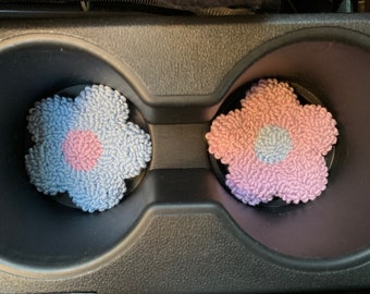 Handmade Flower Car Coaster Set, Punch Needle Car Accessories