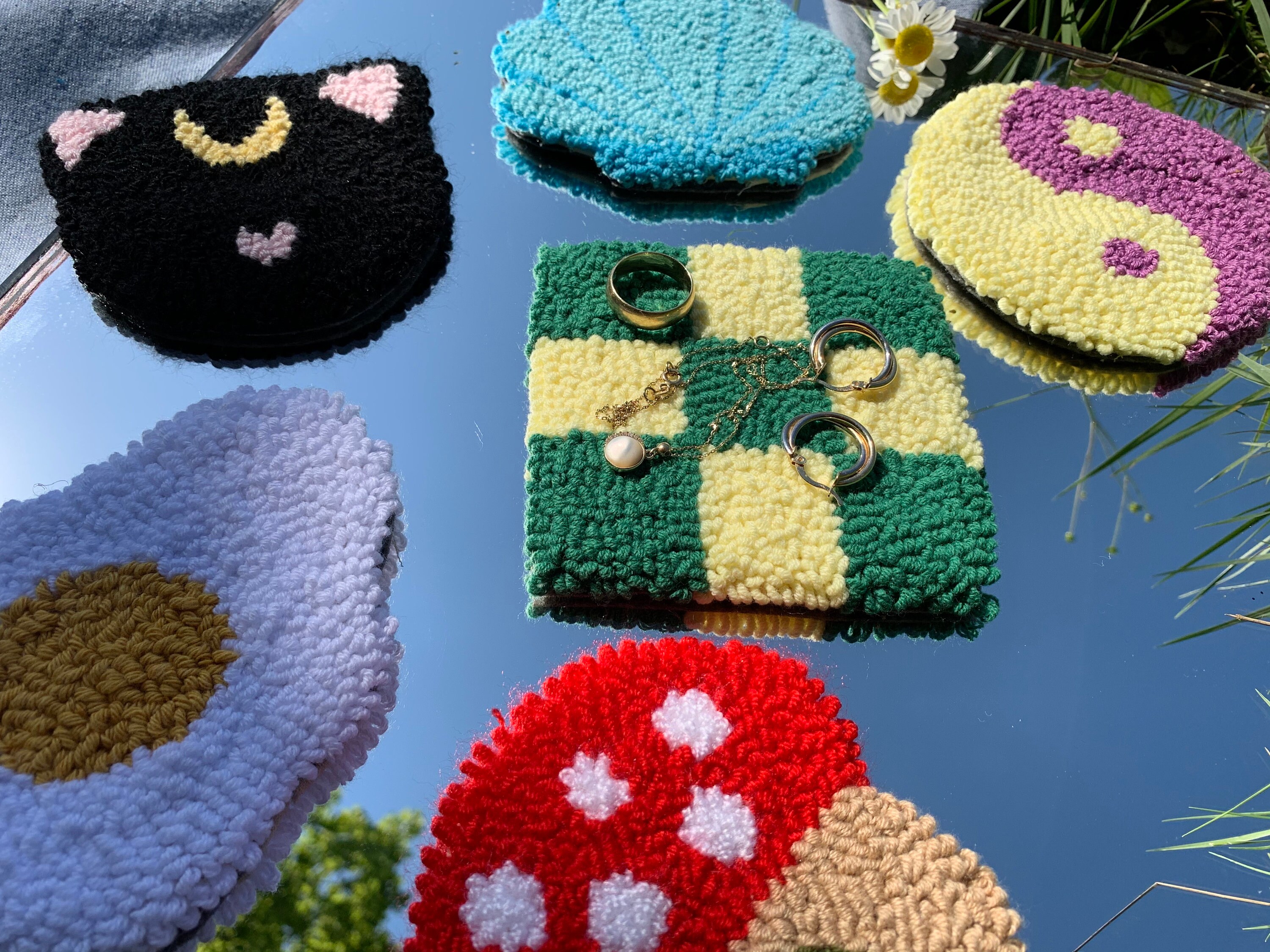 Punch Needle Mug Rug Handmade Coaster Set Moon Cat Coaster Etsy