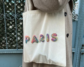 Personalized City Names Tote Bag, Paris Punch Needle Tote Bag, Customized Tote Bag