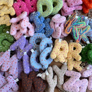 Può includere: Una collezione di portachiavi con lettere in peluche colorate in vari colori, tra cui rosa, giallo, verde e blu. Ogni lettera è adornata da un motivo a contrasto di piccoli punti ed è attaccata a un portachiavi color argento. Le lettere sono disposte in modo casuale.