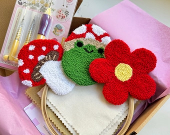Frog, Flower, Mushroom Punch Needle Kit, Beginner Mug Rug Coaster