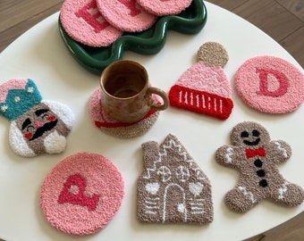 Christmas Last Minute Gift, Mug Rug Coasters, Pink Christmas Decor Gift, Punch Needle Coasters