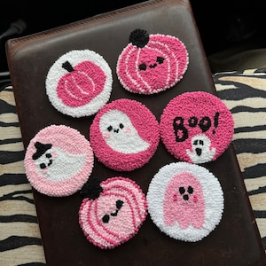 Pink Halloween Car Coasters, Set of 2 Car Coasters, Pumpkin Punch Needle Coaster, Handmade Spooky Halloween Gift, Halloween Ghost Coaster