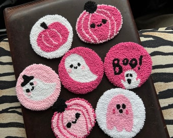 Pink Halloween Car Coasters, Set of 2 Car Coasters, Pumpkin Punch Needle Coaster, Handmade Spooky Halloween Gift, Halloween Ghost Coaster