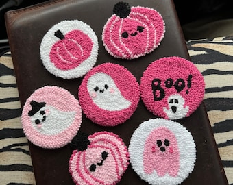 Handmade Pink Halloween Car Coasters, Punch Needle Embroidered Coasters, Set of 2