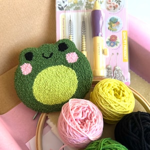 Frog Punch Needle Coaster Kit, Beginner Punch Needle Kit, Mug Rug Coaster Kit, Embroidery Kit