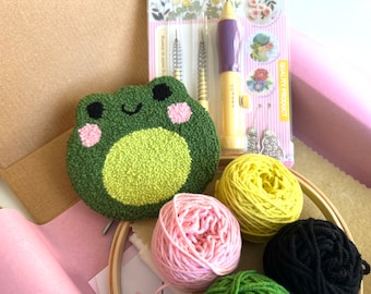 Frog Punch Needle Coaster Kit, Beginner Punch Needle Kit, Mug Rug Coaster Kit, Embroidery Kit