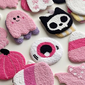 Spooky Pink Punch Needle Halloween Coaster, Handmade Mug Rug
