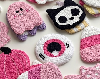 Spooky Pink Punch Needle Halloween Coaster, Handmade Mug Rug
