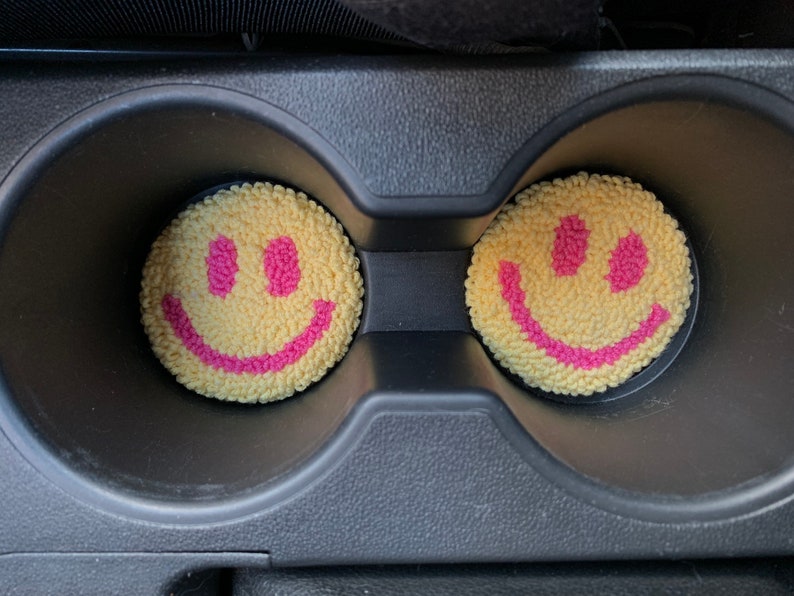 Set of 2 Car Coaster, Smiley Face Coaster for Car, Pink Car Accessories for Women, New Car Gift, Gift for New Car, Christmas Gift 