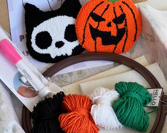 ハロウィンパンチニードルキット、初心者向けマグカップラグコースター、刺繍フープアート