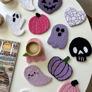 Halloween Cute Home Decor,  Pink Spooky Halloween Mug Rug, Spooky Punch Needle Coaster, Handmade Spooky Halloween Gift, Halloween Ghost
