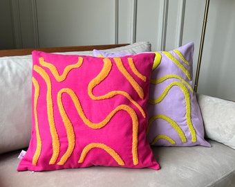 Punch Needle Vibrant Wavy Pillow Cover, Hand Tufted Pink Orange Throw Pillow Cover, Embroidery Abstract Cushion, Housewarming Gift