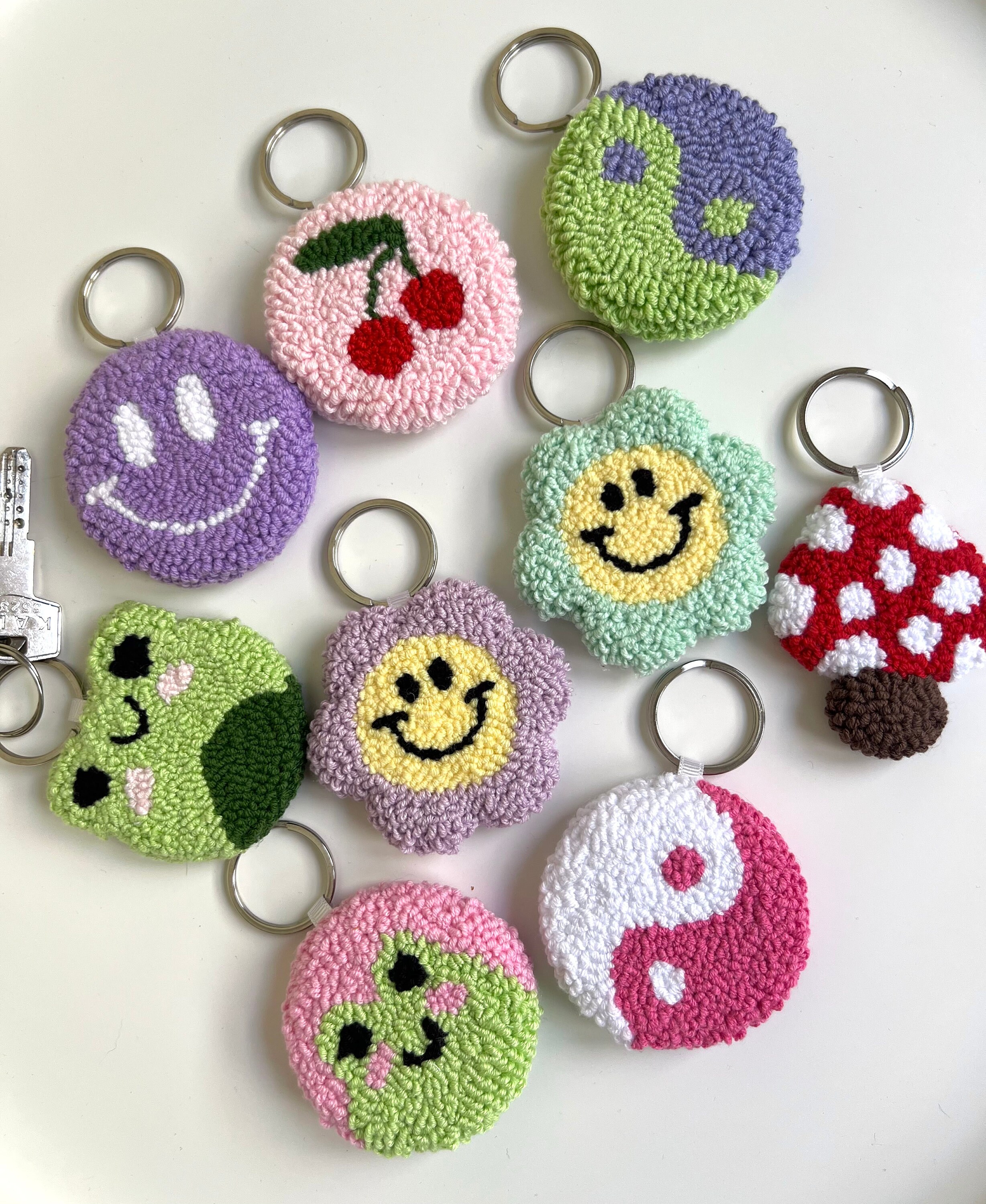 Smiley Face Keychain Punch Needle Keychain Keychain for Etsy