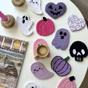 Pink Halloween Mug Rug Coaster, Halloween Decor, Pumpkin Punch Needle Coaster, Handmade Spooky Halloween Gift, Halloween Ghost Coaster
