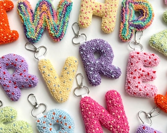 Custom Letter Keychain – Bridesmaid Gift, Punch Needle Initial Bag Charm, Personalized Letter Keyring, Handmade Bridal Party Favor