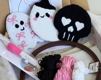 ハロウィンのパンチニードルキット、マグカップラグコースター、初心者向け刺繍