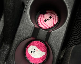 Pink Halloween Car Coasters, Set of 2 Car Coasters, Pumpkin Punch Needle Coaster, Handmade Spooky Halloween Gift, Halloween Ghost Coaster