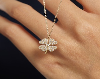 14K 純金 四つ葉のクローバーペンダントネックレス レディース 彼女へ 