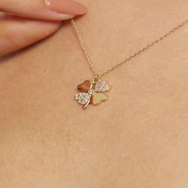 14k Real Solid Gold 4 Leaf Clover Necklace, Minimalist Lucky Jewelry, CZ Four Leaf Lucky Necklace for Woman, Gift for Her Good Luck Pendant