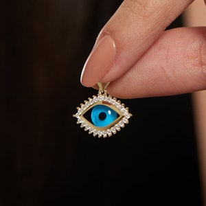 14k Solid Gold Evil Eye Pendant Necklace For Women, Nazar Good Luck Pendant Necklace, Charm Blue Eye Necklace, Greek Evil Eye Necklace