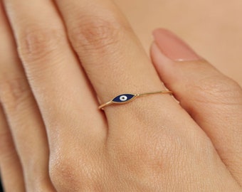 14k Solid Gold Evil Eye Ring For Women, Evil Eye Ring, Charm Dark Blue Eye Ring, Greek Evil Eye Ring, Evil Eye Stackable Ring, Gift for Her