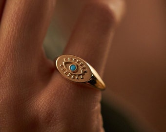 14k Gold Oval Signet Evil Eye Ring with  Turquoise  Stone, December Birthstone Ring ,Minimal Everyday Jewelry,Dainty Ring