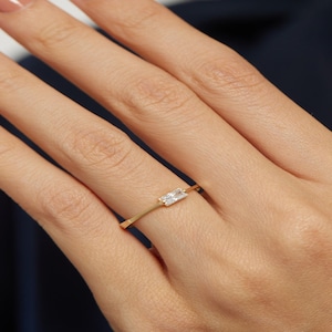 14k Solid Gold White Ring for Women, White Baguette Ring, Dainty Baguette Ring, Solitare Diamond Ring, Diamond Ring, Wedding Proposal Ring