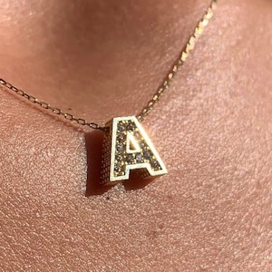 Collar con inicial de oro macizo real de 14 quilates para mujer, collar con nombre personalizado, collar con alfabeto para mujer, letra personalizada, joyería con nombre inicial