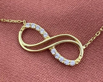 14k Echt Solid Gold Unendlichkeit Halskette, CZ Unendlichkeit Halskette, Minimalist Eternity Halskette, zierliche Gold Halskette Schmuck für Frauen