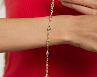 14k Gold Multi Blue Bead Evil Eye Bracelet for Women, Tiny Hamsa Bracelet, Nazar Friendship Bracelet, Greek Evil Eye Jewelry, Gift for Her