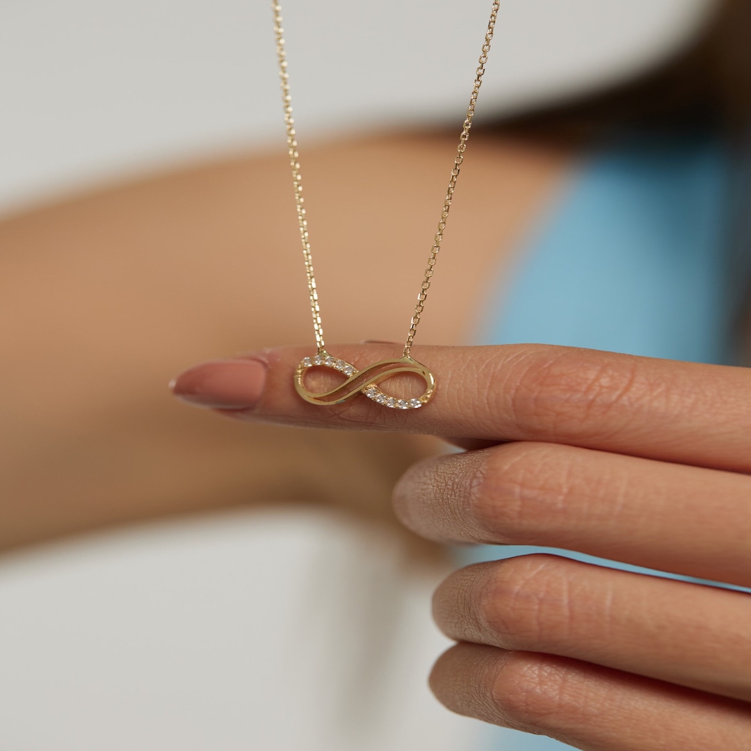 14k Real Solid Gold Infinity Necklace CZ Infinity Necklace Etsy