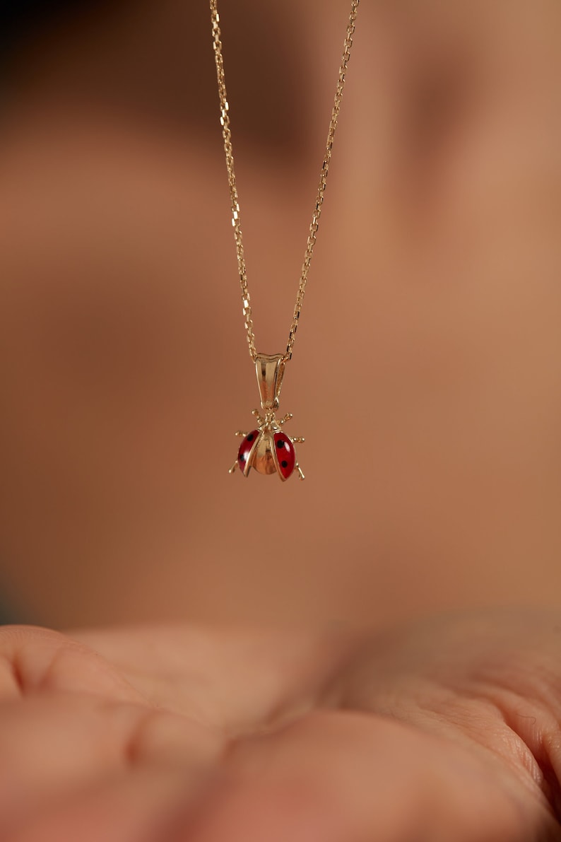 Collar de mariquita de oro macizo de 14 k para mujer, amuleto de buena suerte, collar delicado en capas, joyería minimalista para uso diario, collar con animales para mujer imagen 1