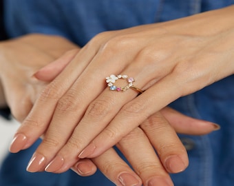 14K Solid Gold Handmade Flower Ring, Dainty Colourful Flower Ring, Minimalist Ring with Colourful Floral, 14k Flower Wedding Ring