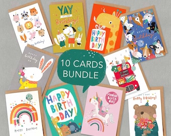10 Children Birthday Cards Bundle - Multi Pack - Cute Animal Cards - Greetings Cards Set