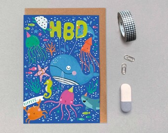 Under the Sea Birthday Card with whale and balloons - Kids Birthday Card - Children's Birthday Card