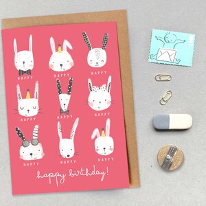 Happy Bunnies Birthday Card - Tarjeta de cumpleaños para niños - Tarjeta de cumpleaños para niños - Linda tarjeta de animal - Cualquier edad