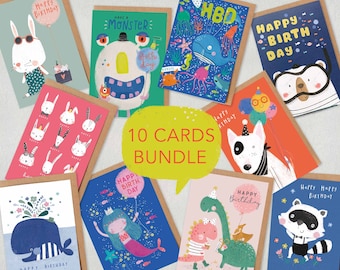 10 Children Birthday Cards Bundle - Multi Pack - Cute Animal Cards - Greetings Cards Set