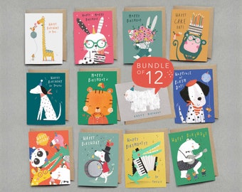 12 Children Birthday Cards Set, Multi Pack of cute Animal Cards. Greetings Cards Set for little ones