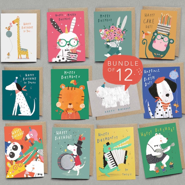 12 Children Birthday Cards Set, Multi Pack of cute Animal Cards. Greetings Cards Set for little ones