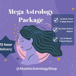 Astrology Mega Bundle: Birth Chart  Natal Report, Twelve Month Transit, Solar Return Report  with key takeaways for each, 72 hr delivery