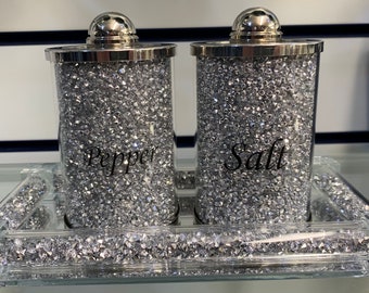 SPARKLY BLING CRUSHED CRYSTAL DIAMOND FILLED SILVER SALT PEPPER TRAY✨