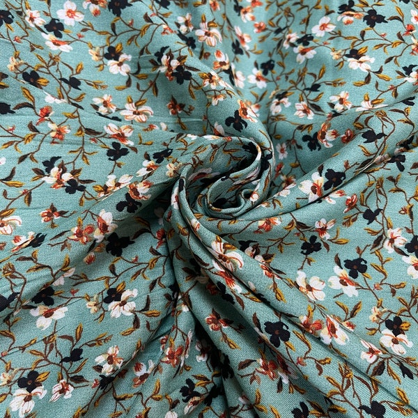 Duck Egg With Navy, Orange & Yellow Floral 100% Woven Viscose