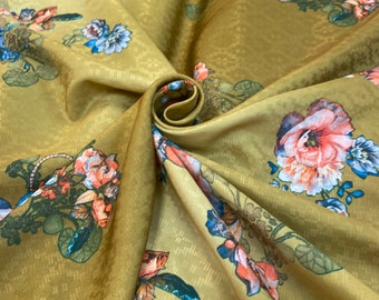 Mustard Gold Blossom Multi - Coloured Floral With Printed Emboss Jacquard Satin Dressmaking Fabrics