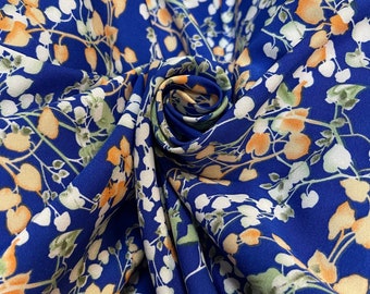 Royal Blue With Soft Orange & Sage Green Floral Blossom Viscose Crepe