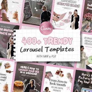 Könnte beinhalten: Eine Collage aus rosa-weißen Grafiken mit Text, darunter "400+ TRENDY Carousel Templates" und "Instagram Growth Hacks". Das Canva-Logo ist sichtbar. Die Bilder zeigen verschiedene Lifestyle- und Business-Themen, wie z. B. die Gründung eines Unternehmens und den Verkauf digitaler Produkte.