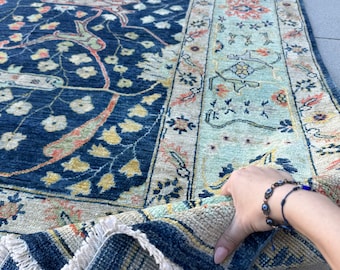 10x14 Handmade Afghan Rug | Midnight Blue Light Blue Yellow Olive Green Teal Blood Orange Black | Persian Bidjar Wool Knotted Oushak