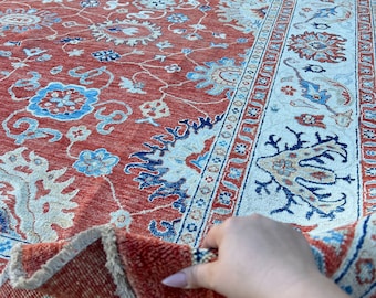 9x13 (275x395) Handmade Afghan Rug | Burnt Orange Beige Cream Blue Teal  Light Brown | Turkish Oushak Persian Heriz Wool Boho Hand Knotted